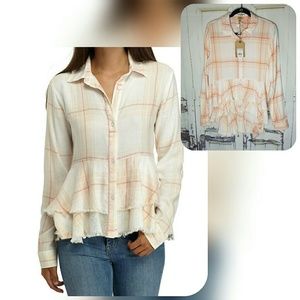 TrueCraft High-Low Button Up Plaid Top Distressed